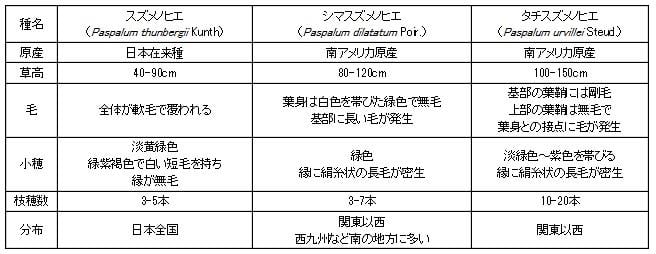 Paspalum 属草種間の相違点